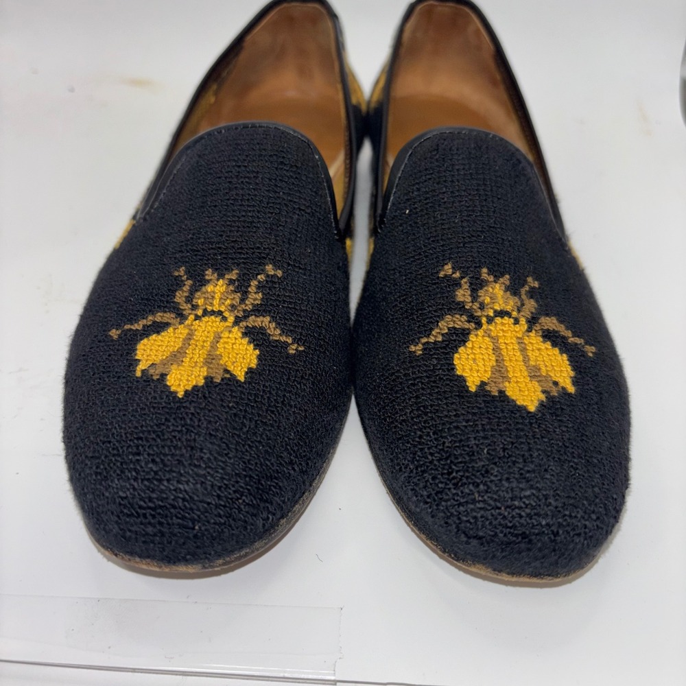 Stubbs & Wootton Black Needlepoint Bee Loafers Smoking Slippers Size 8.5 AA